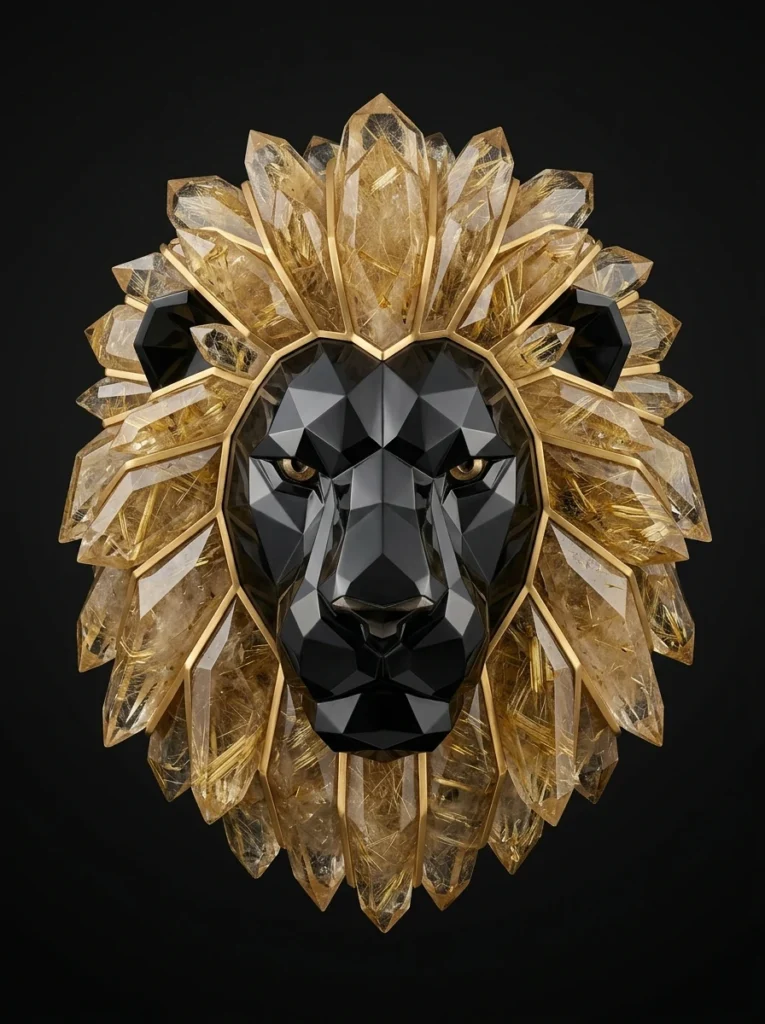 Le Lion d’Onyx & Crinière de Quartz Doré – Tableau Bestiaire Cristallin
