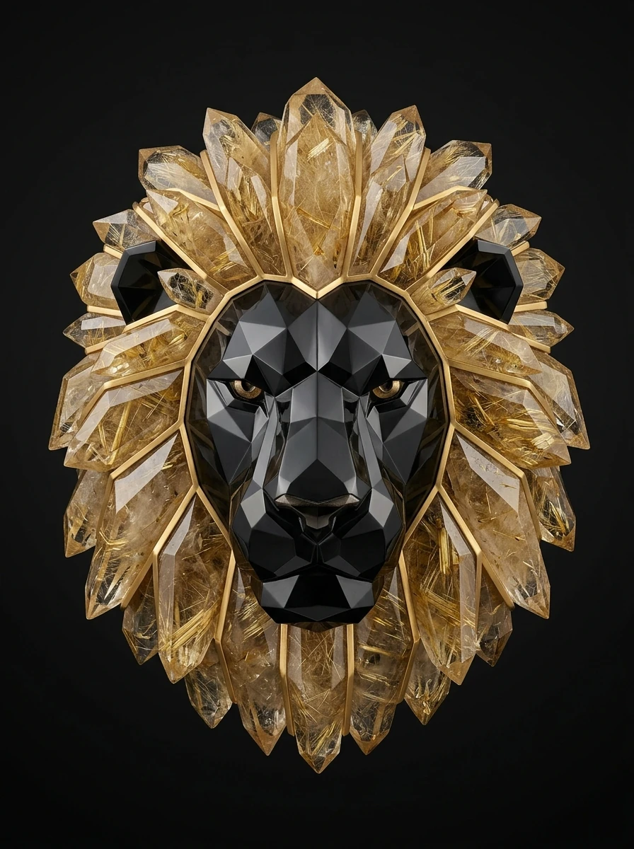 Le Lion d’Onyx & Crinière de Quartz Doré – Tableau Bestiaire Cristallin