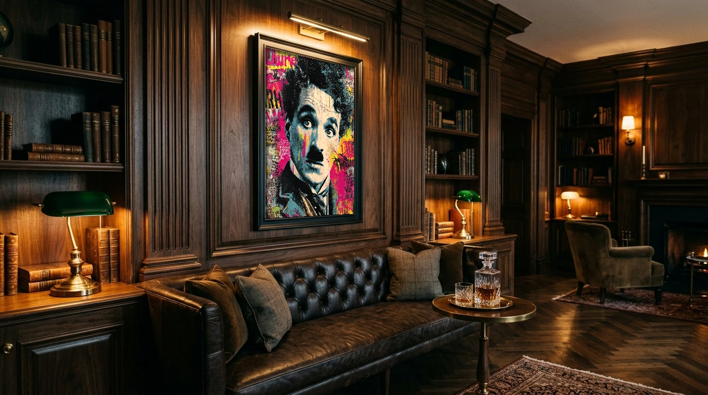 Mise en situation du tableau pop art Charlot l'Élégance Intemporelle dans un salon chic