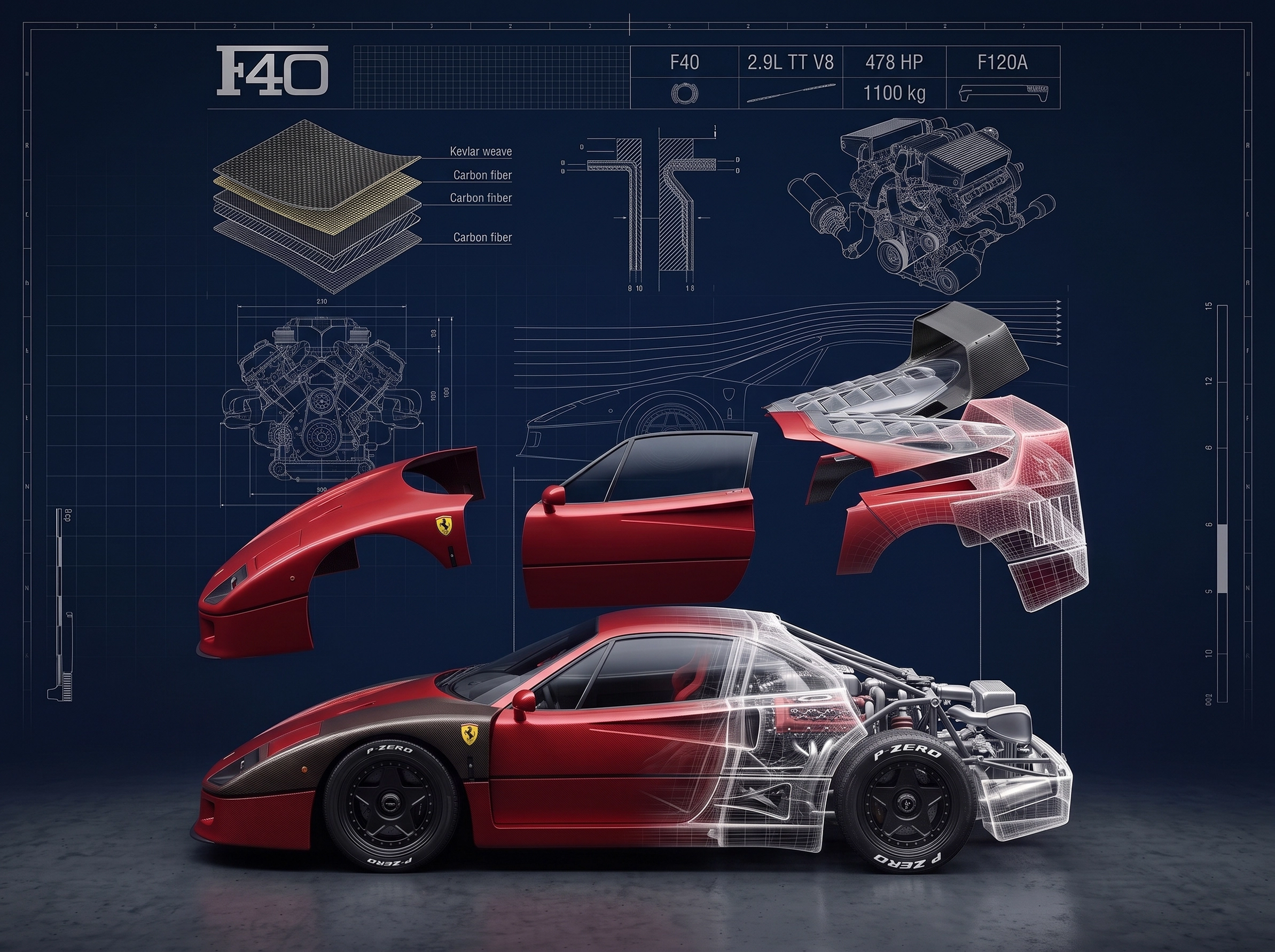 Tableau d'art automobile contemporain F40 Blueprint en format paysage