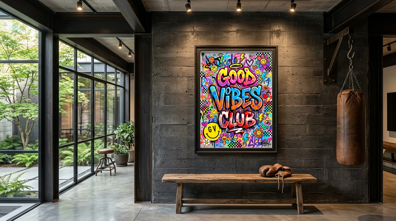Mise en situation du tableau typographie pop art Good Vibes Club dans un espace design