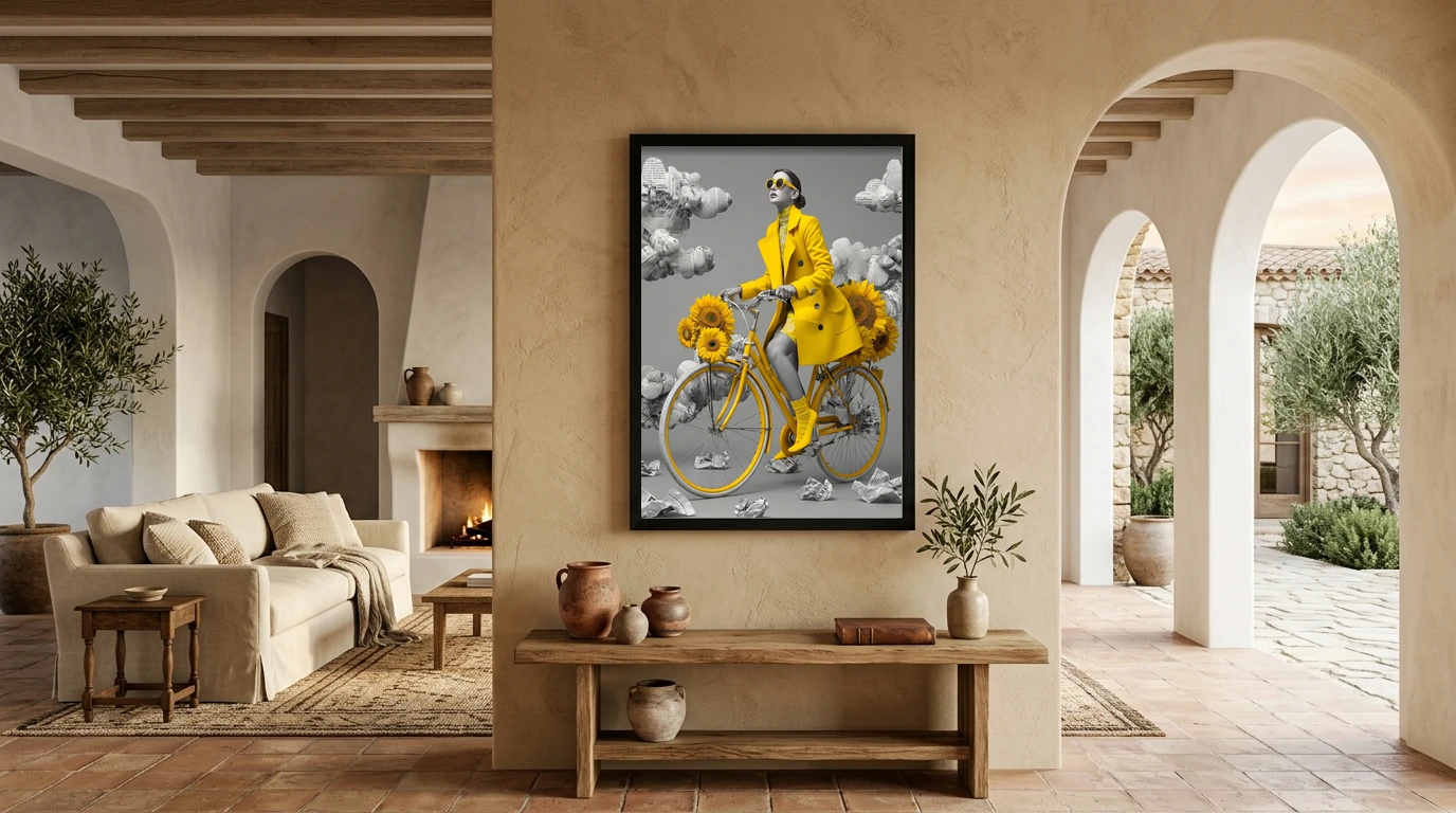 Mise en situation du tableau mode vintage Jaune Solaire avec contraste monochrome