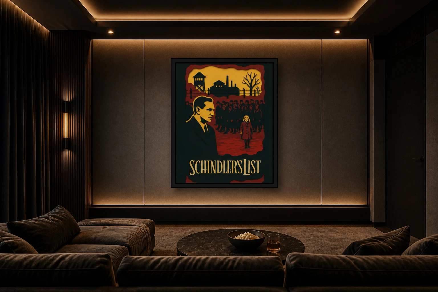 Mise en situation du tableau La Liste de Schindler dans un intérieur cinéphile