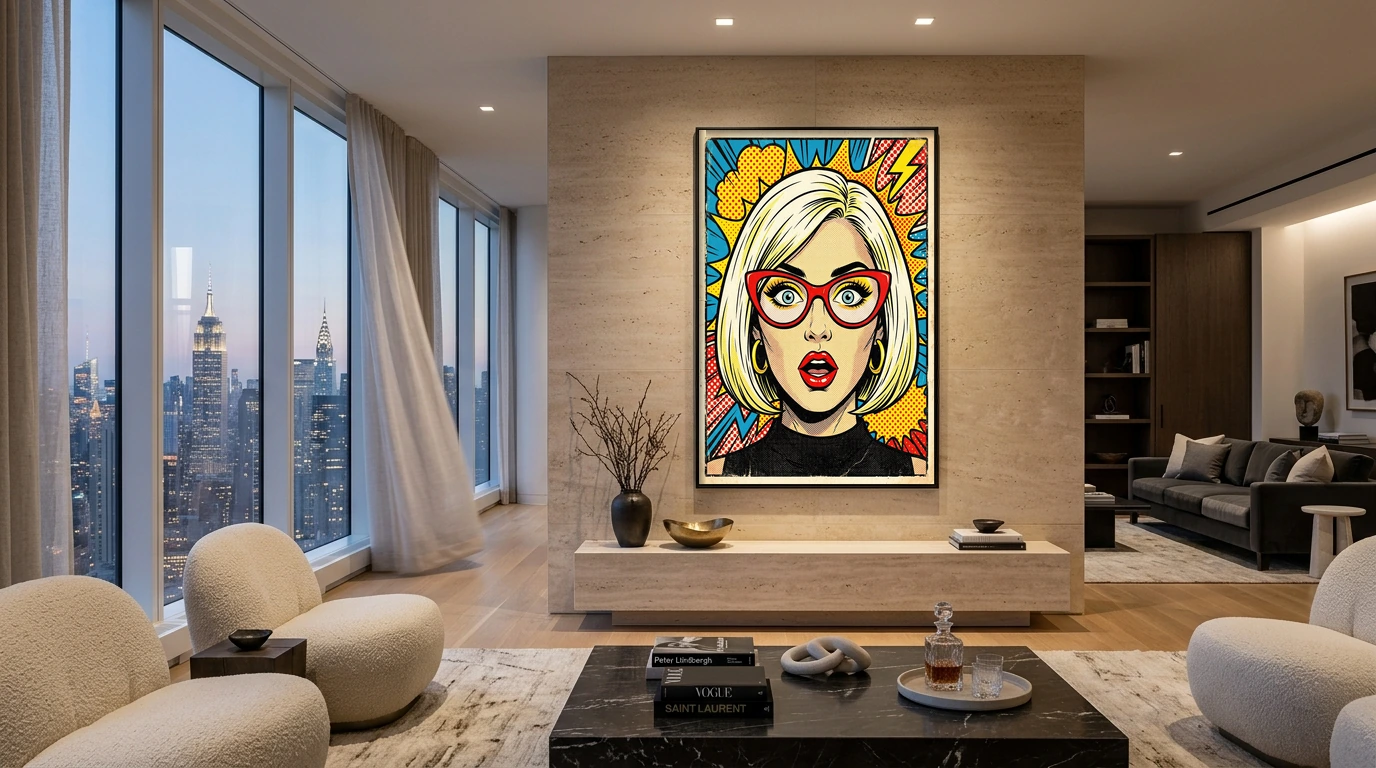 Mise en situation du tableau pop art coloré Pop Surprise dans un intérieur contemporain
