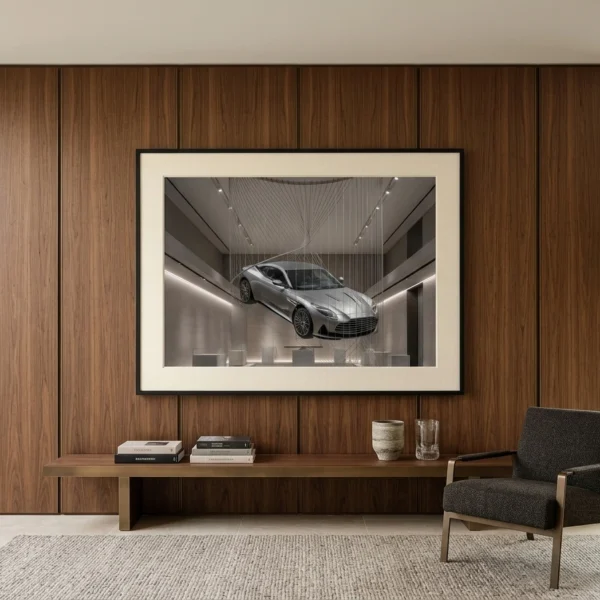 Mise en situation du tableau Aston Martin DBS suspendue dans une structure de câbles dans un loft contemporain