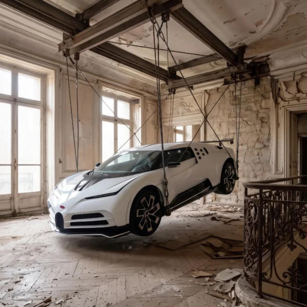 Tableau supercar Bugatti Centodieci blanche suspendue inclinée dans un appartement parisien