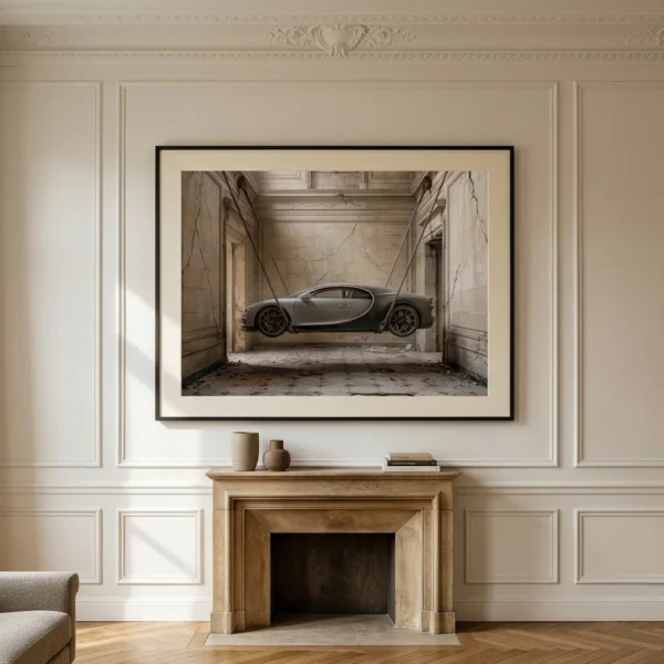Mise en situation du tableau d'art Bugatti Chiron dans un intérieur néoclassique