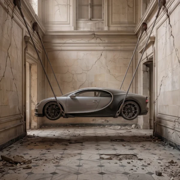 Tableau artistique Bugatti Chiron suspendue par des câbles dans un salon néoclassique en ruines
