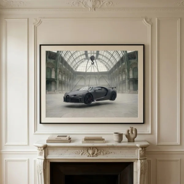 Mise en situation du tableau Bugatti Chiron sous la verrière du Grand Palais dans un intérieur moderne
