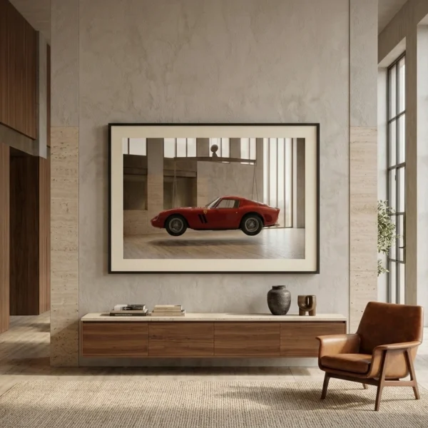 Mise en situation du tableau Ferrari 250 GTO rouge profil dans un salon contemporain