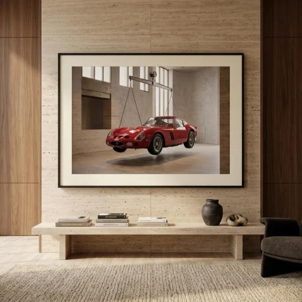 Mise en situation du tableau Ferrari 250 GTO rouge en suspension dans un intérieur d'architecte