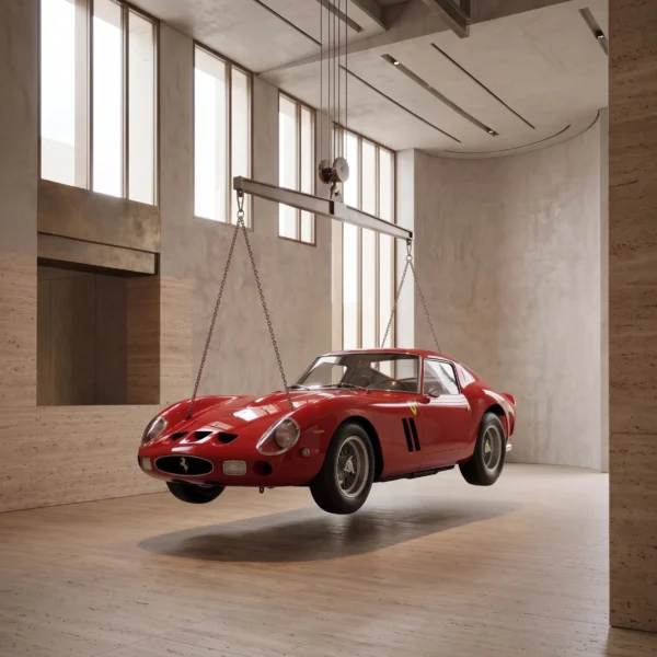 Tableau Ferrari 250 GTO rouge mythique suspendue dans un espace épuré vue de trois-quarts avant