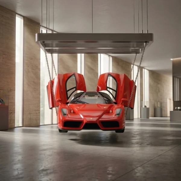 Tableau Ferrari Enzo rouge avec portes élytres ouvertes suspendue au plafond
