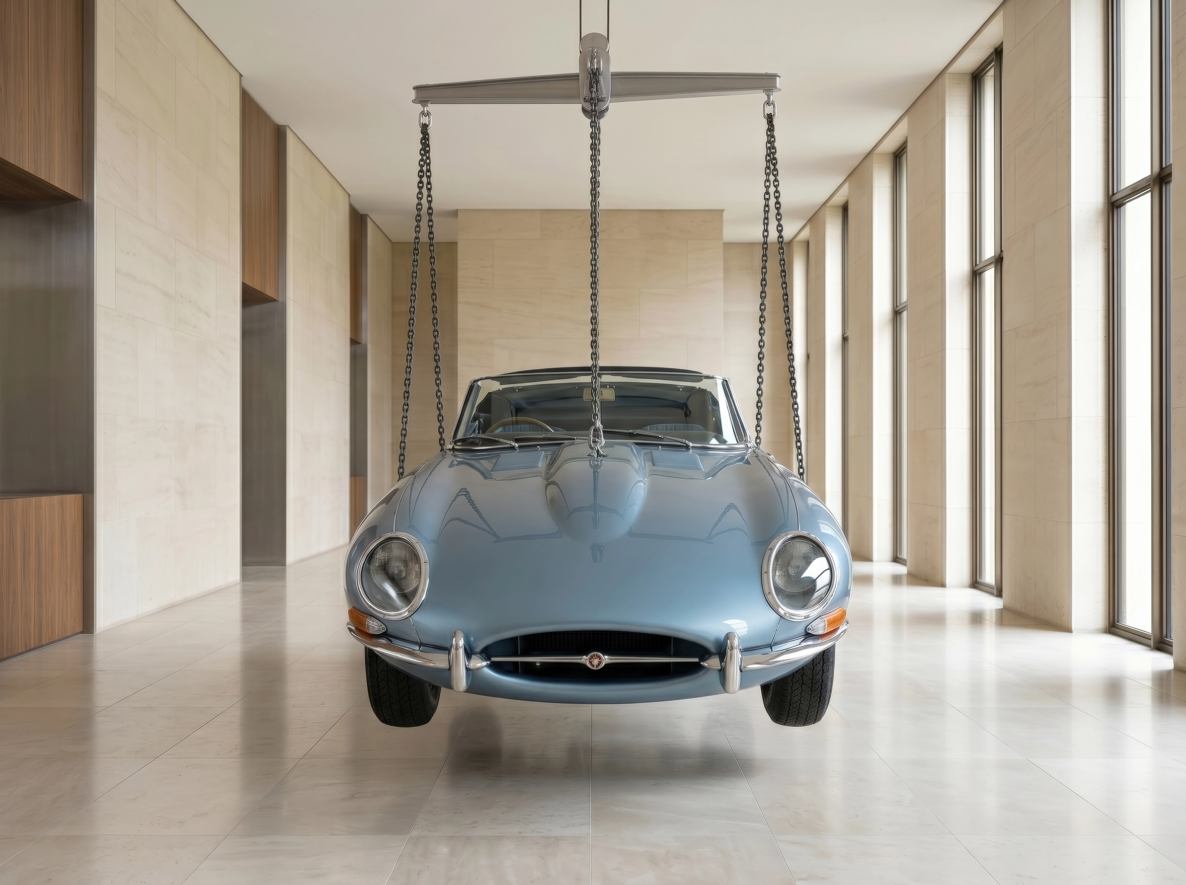 Tableau Jaguar Type E bleue classique suspendue de face dans une galerie épurée
