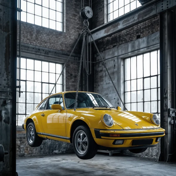 Tableau mural Porsche 911 classique jaune en lévitation suspendue dans un hangar industriel