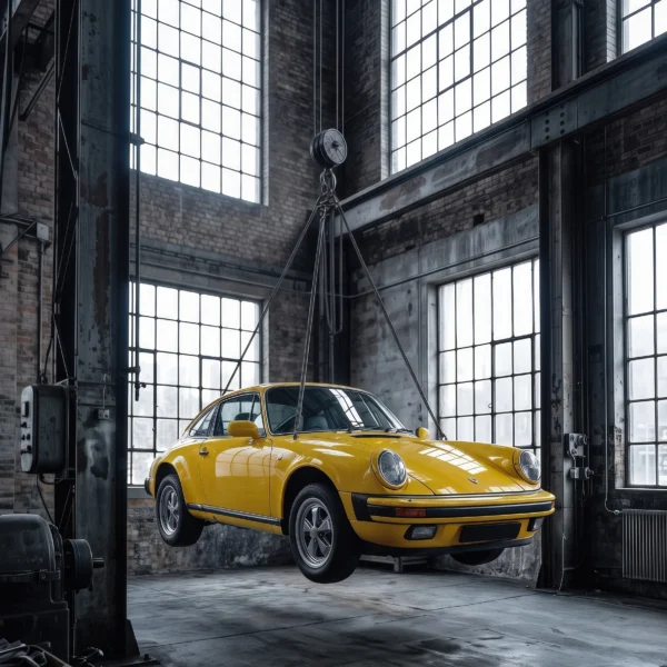 Tableau mural Porsche 911 classique jaune en lévitation suspendue dans un hangar industriel