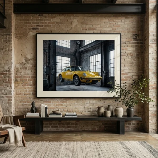 Mise en situation du tableau Porsche 911 classique jaune en lévitation dans un espace contemporain