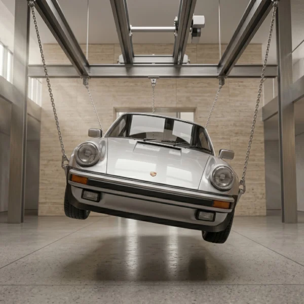 Tableau Porsche 930 Turbo gris métallisé en suspension vue de face dans un décor architectural