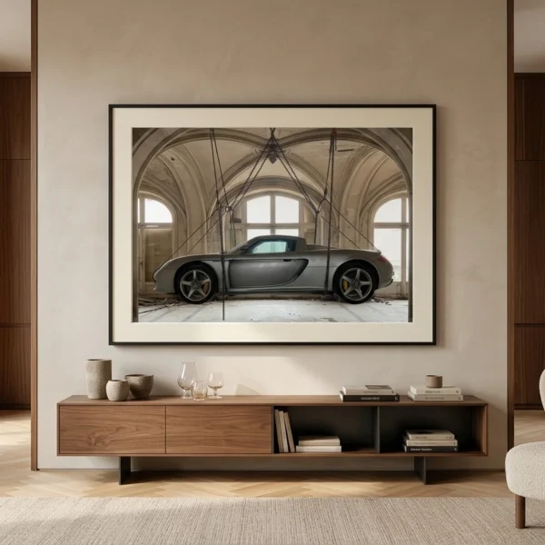 Mise en situation du tableau Porsche Carrera GT suspendue sous des voûtes en pierre dans un intérieur élégant