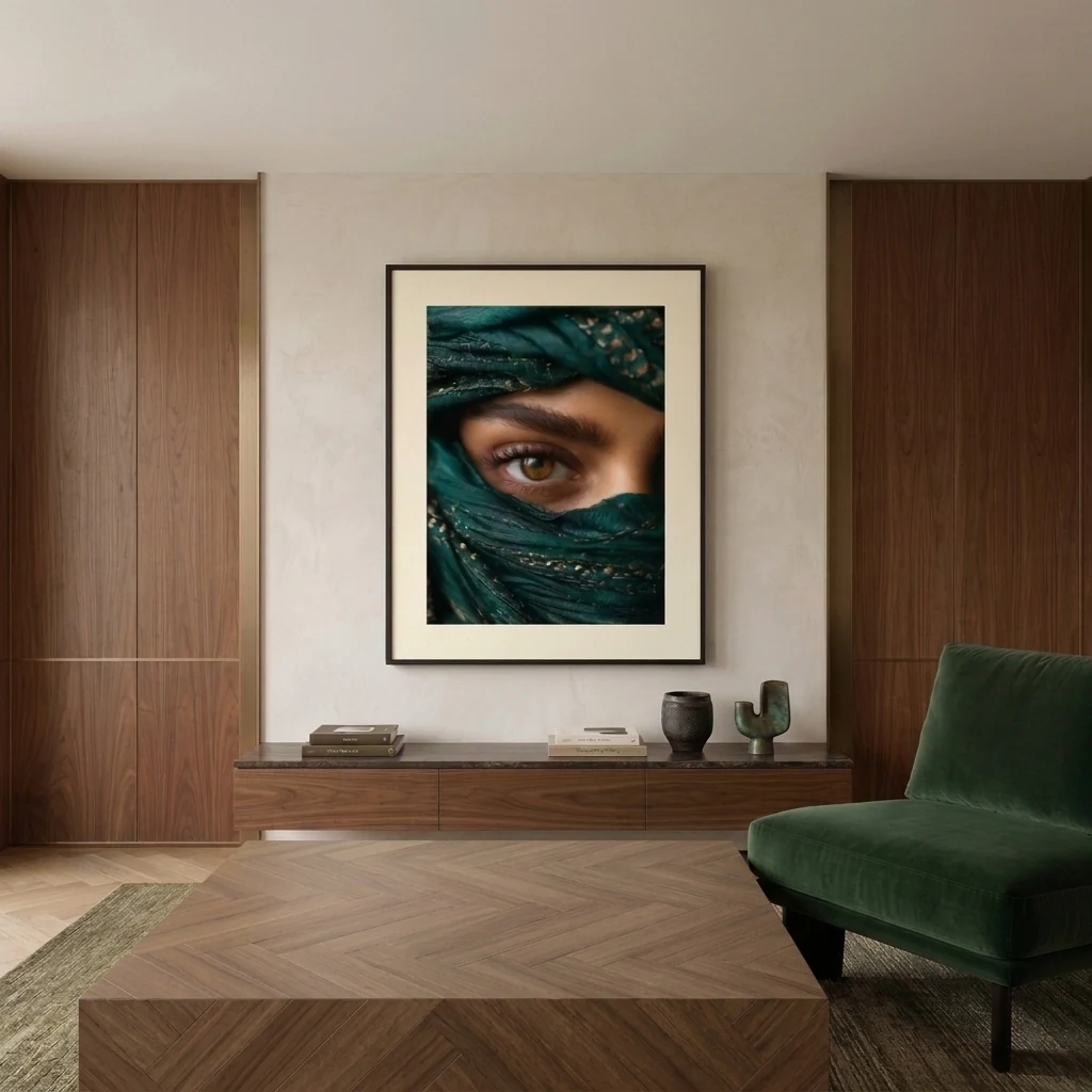 Tableau Portraits & Beauté Océan Émeraude dans un intérieur contemporain
