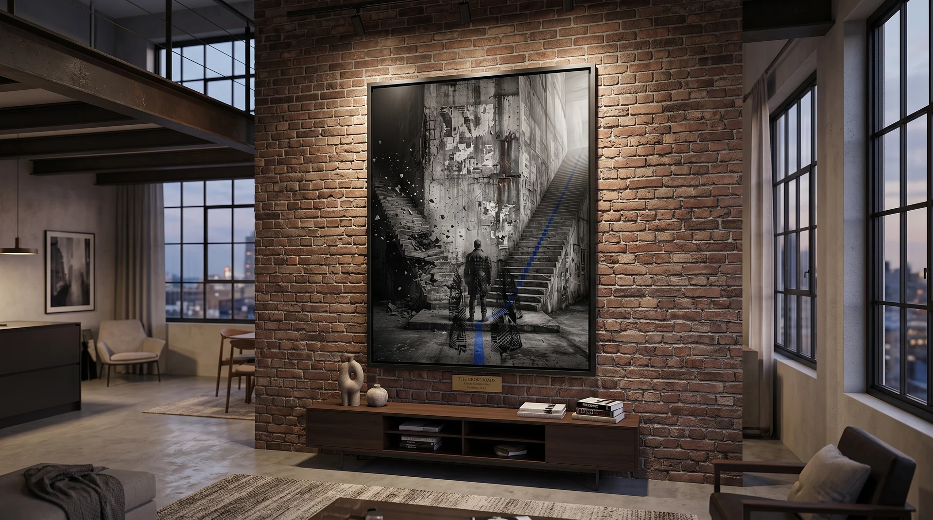 Tableau Street Art Le Choix Entre Deux Destins au format monumental dans un loft contemporain en briques – Graphic Avenue