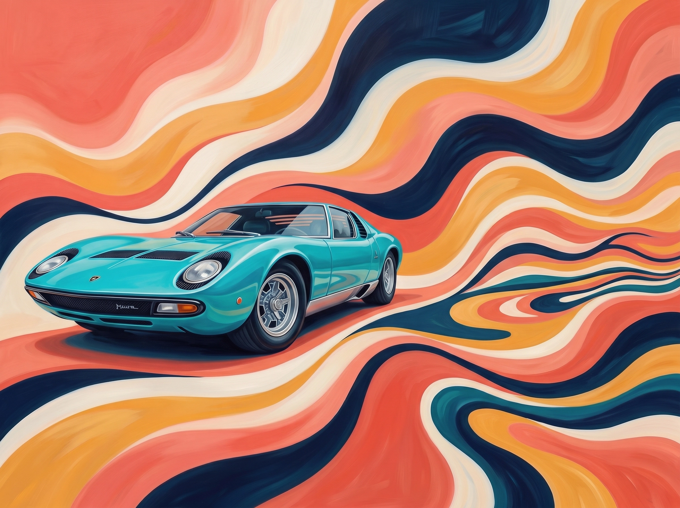 Tableau d'art automobile contemporain Vagues Vintage en format paysage